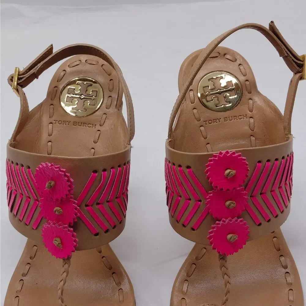 Tory Burch Womens High Heel Sandals Size 7.5 Tan Pink Leather Party Night Out